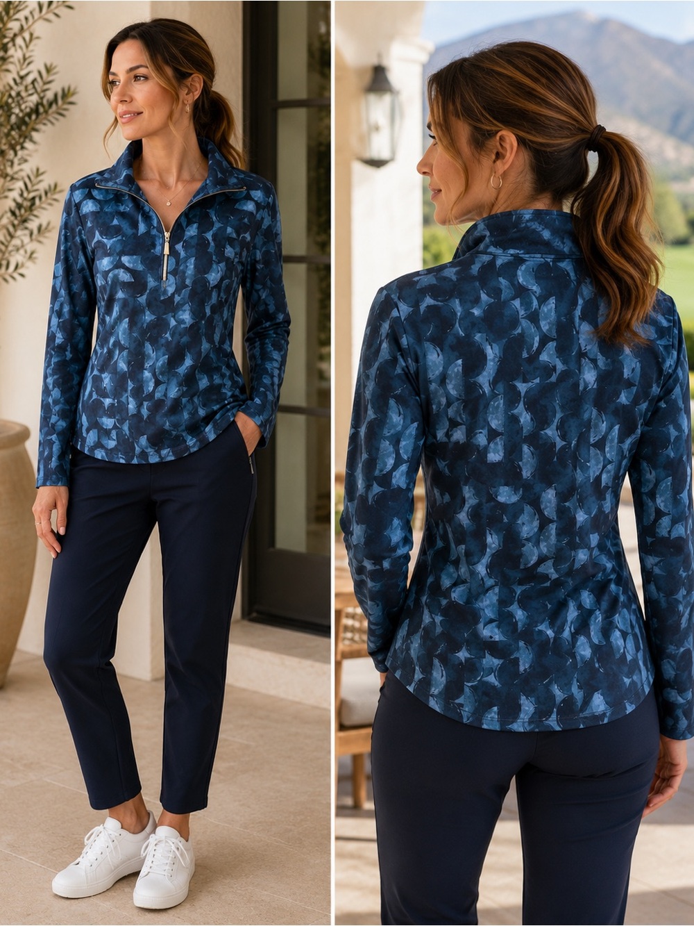 Chico’s Zenergy Quarter Zip Top | Navy Abstract Print | Chico’s Size 0 US Small